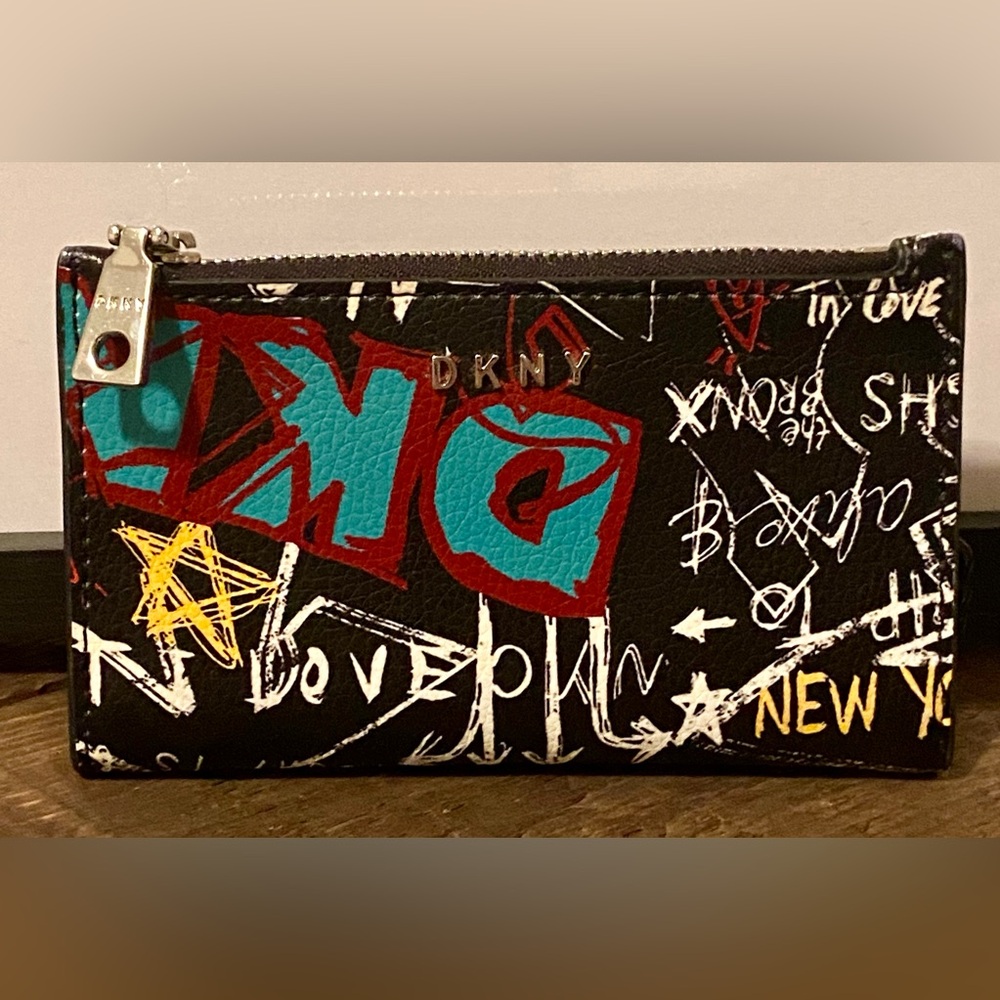 DKNY VELA Black Multi-Color Graffiti Print Wallet | Faux Leather